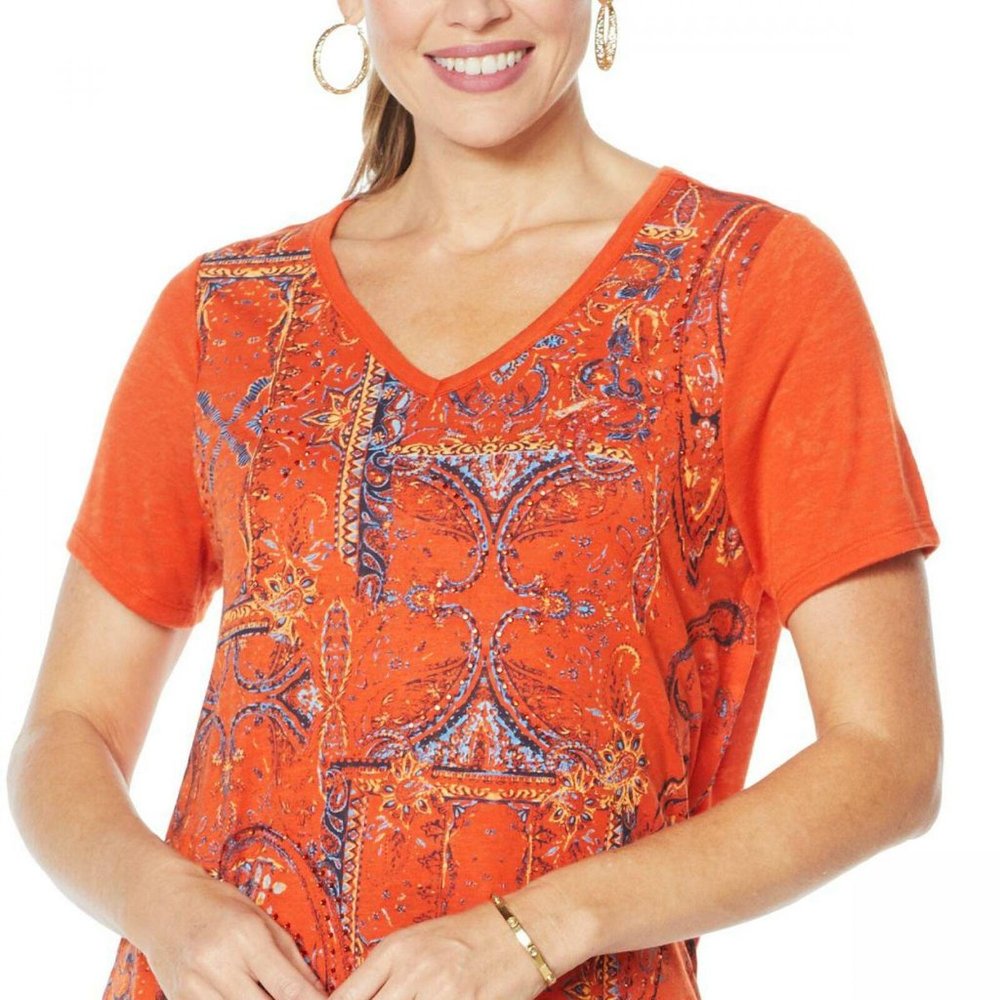 NWT DG2 Burnout Embellished Top XS Rust Paisley - Picture 2 of 7